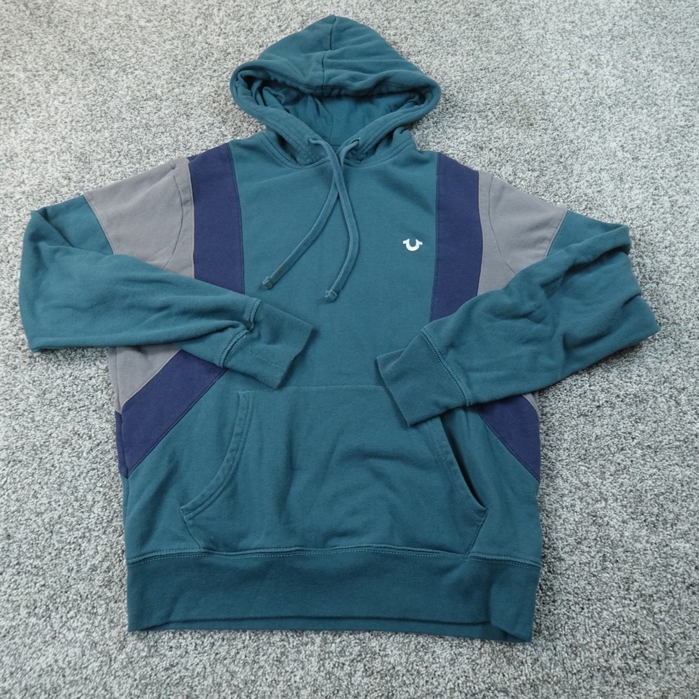 True Religion Hoodie Mens L Green Blue Colorblock Pullover Sweatshirt Sweater